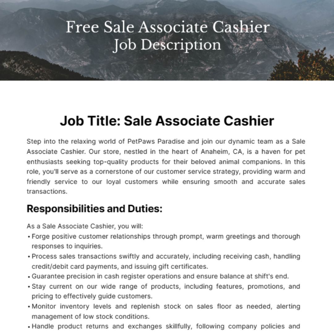 sale associate cashier job description template  edit online cashier job description template doc