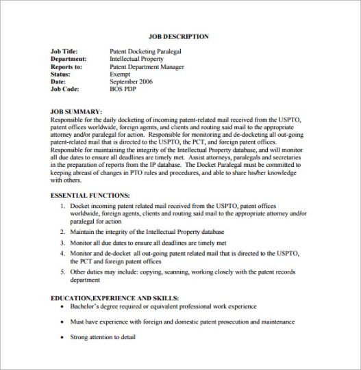 Editable Paralegal Job Description Template Pdf