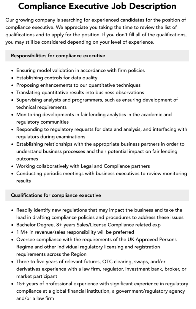 Head Of Compliance Job Description Template Excel Sample