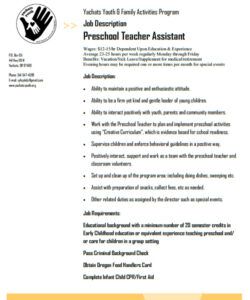 Preschool Teacher Job Description Template Pdf Sample