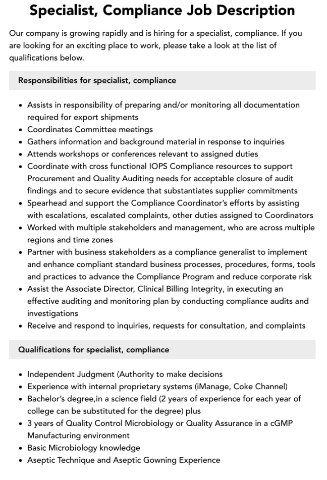 Printable Head Of Compliance Job Description Template Pdf Sample