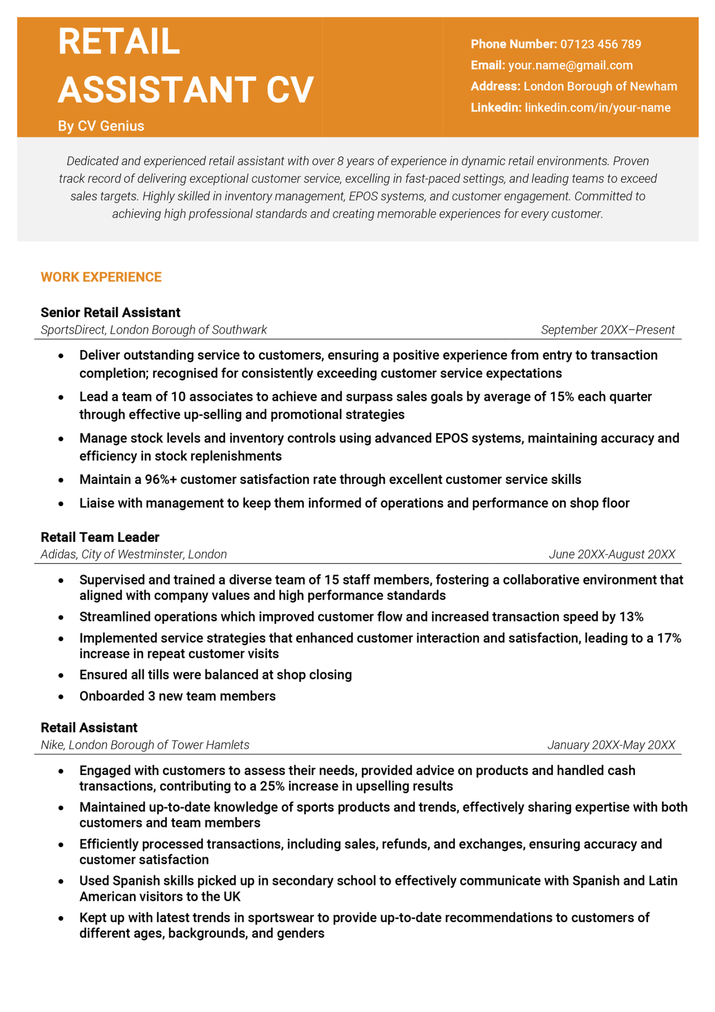 Printable Retail Sales Job Description Template Excel