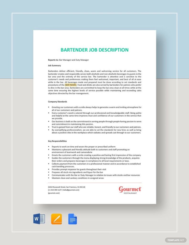Blank High Volume Bartender Job Description Template Excel