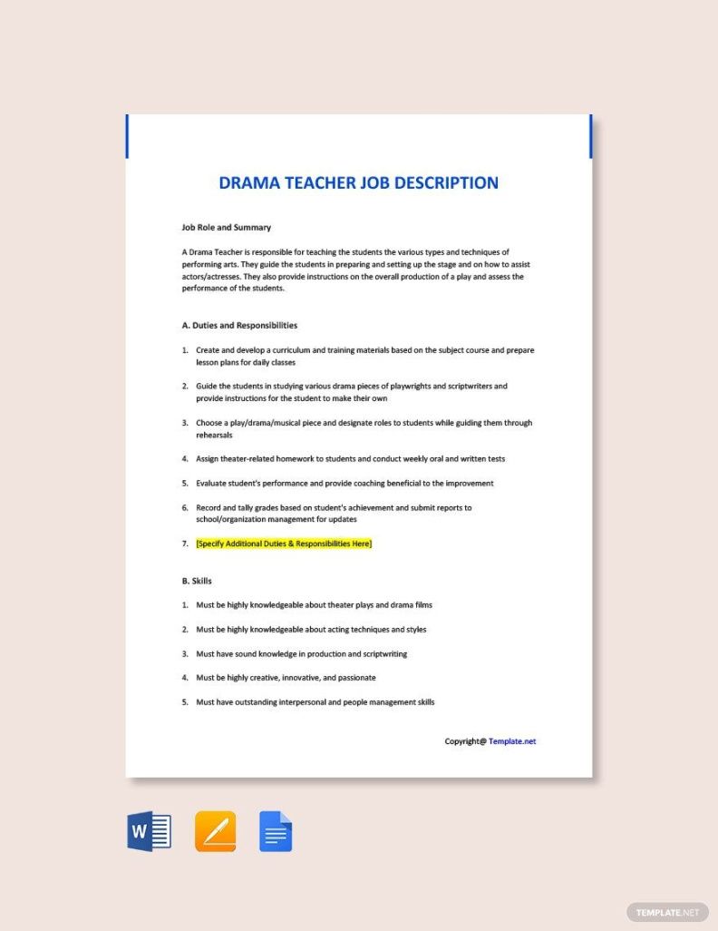 Custom Infant Teacher Job Description Template Excel