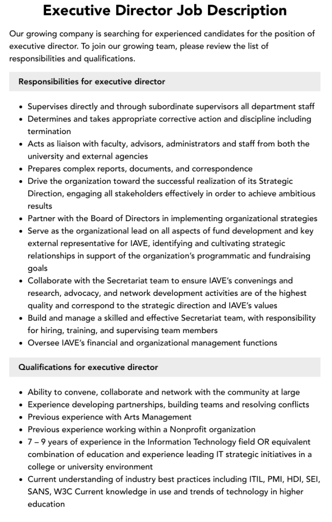 Free  Nonprofit Executive Director Job Description Template Excel