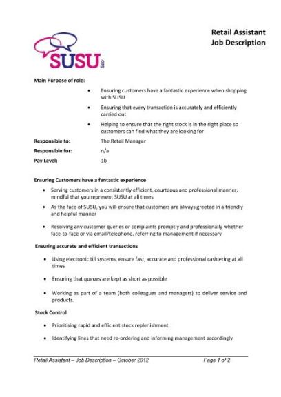 Retail Assistant Job Description Template Doc Sample