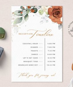 printable lyra orange floral reception timeline card editable wedding reception wedding reception itinerary template example