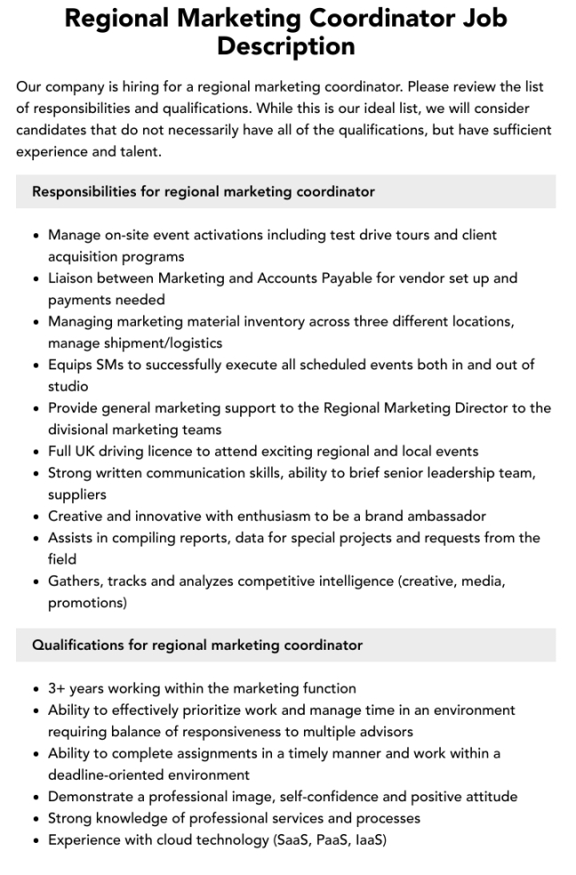 Custom Marketing Coordinator Job Description Template Pdf Sample