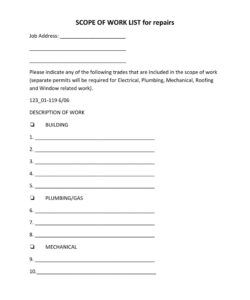 free scope of work template word residential building scope of work template