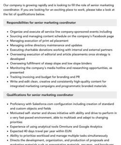Printable Marketing Coordinator Job Description Template Pdf Sample
