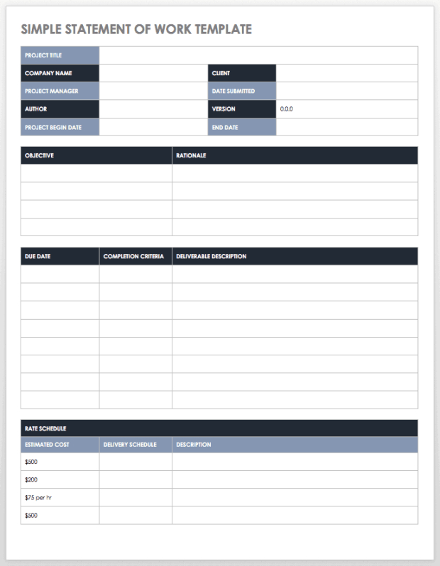scope of work template excel internship scope of work template