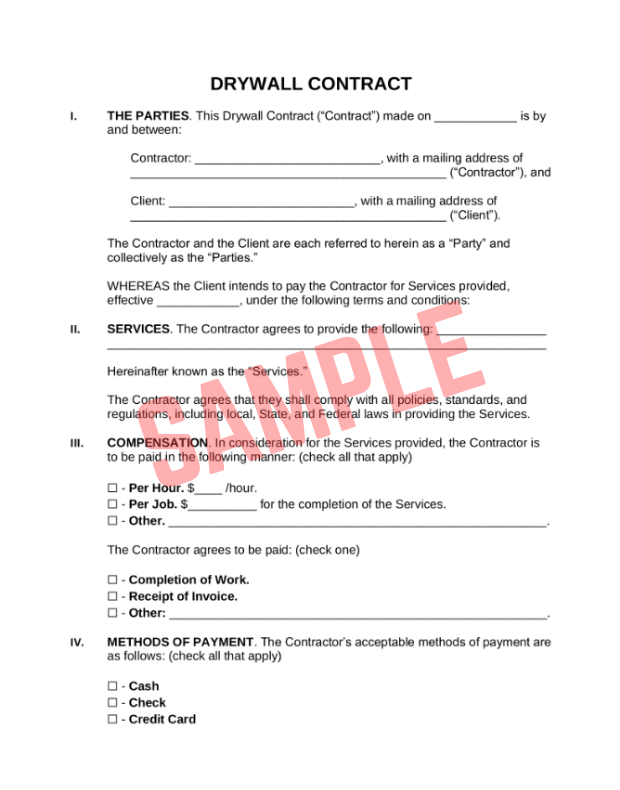 Drywall Scope Of Work Template