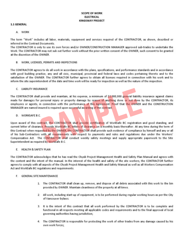 Electrical Construction Scope Of Work Template