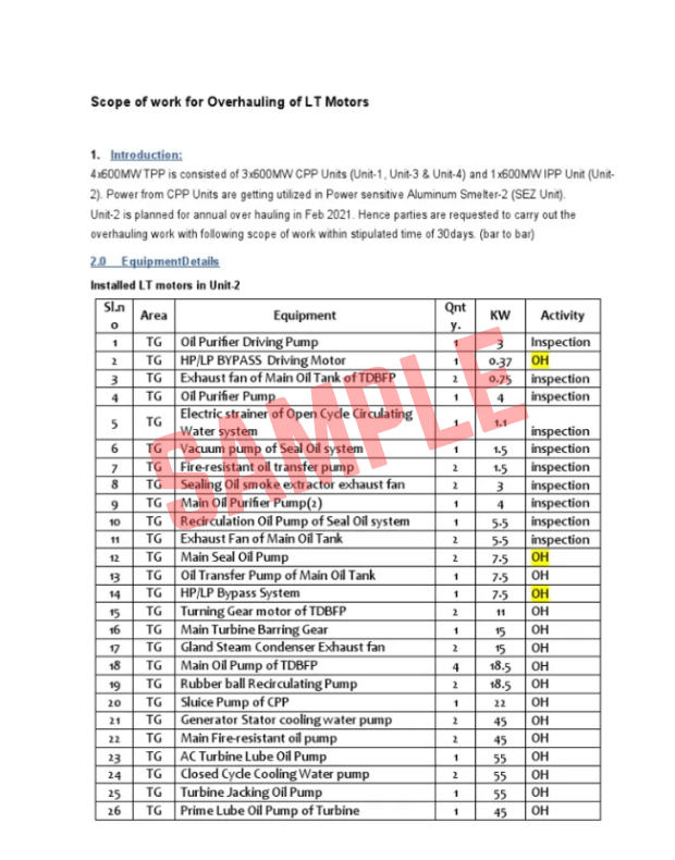 Motor Overhauling Scope Of Work Template