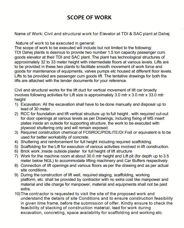 Free Elevator Installation Scope Of Work Template